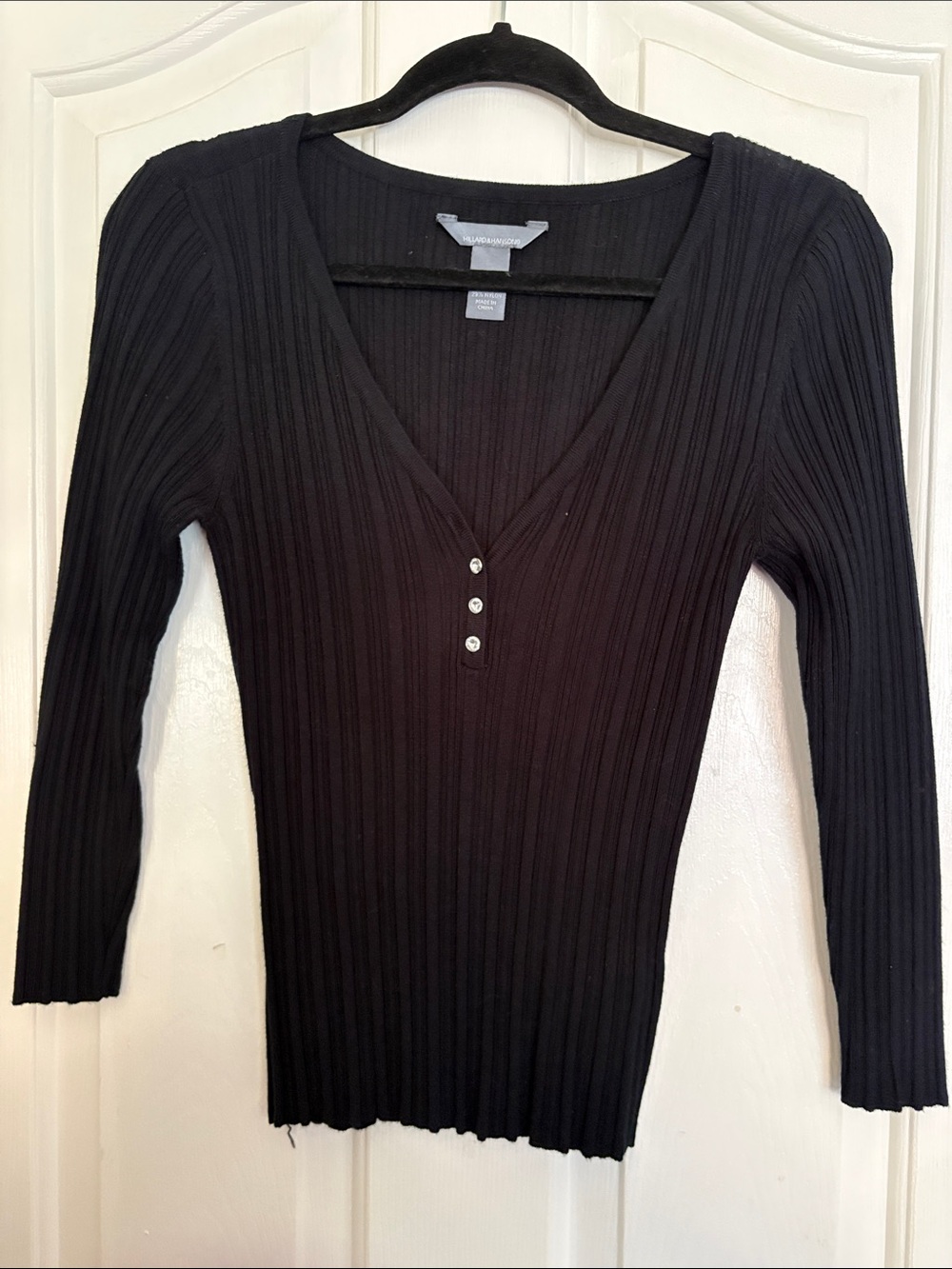 Hillard & Hanson Black Ribbed V-Neck Sweater with Button Detail